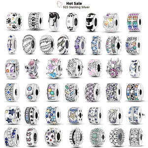 92 Style Round Clip Charms Silver Clasp 925 Silver Star Pet Cat Puppy Paw Safety Chain Color Beads Fit Original Bracelet Jewelry