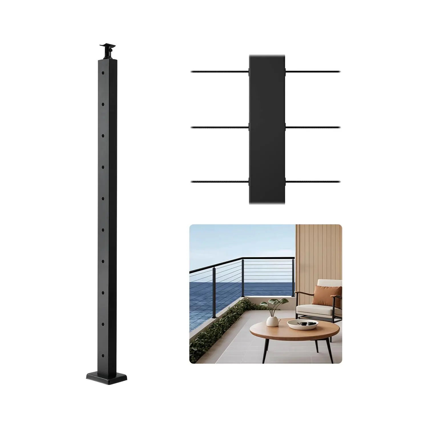 VEVOR 1-Pack Stainless Steel Metal Cable Railing Post, 36x2x2 In Horizontal-Hole Deck Railing Post with Pre-Drilled Holes, Horizontal & Curved Brackets, Black for Deck Safety, DIY Users, Outdoor/Indoor Use, Commercial