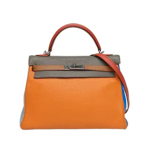 Pre-owned HERMÈS leather Tote Bags Kelly 32 8F Porcelain Grey Plaid T5 Zaprul Pink Plaid 37 Golden Brown Plaid 5K Citrus Orange Plaid T0 Foggy Blue Plaid T7 Water Demon Blue TC Frame P Silver Clasp
