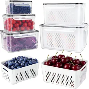 3/4/5 Packs Large Salad Berry Large Fruit Containers for Fridge - Leakproof Food Storage Containers with Removable Colander & Lid- Dishwasher & microwave safe Produce Containers Keep Fruits, Vegetables, Berry, Meat Fresh longer Kitchen Utensils Stackable