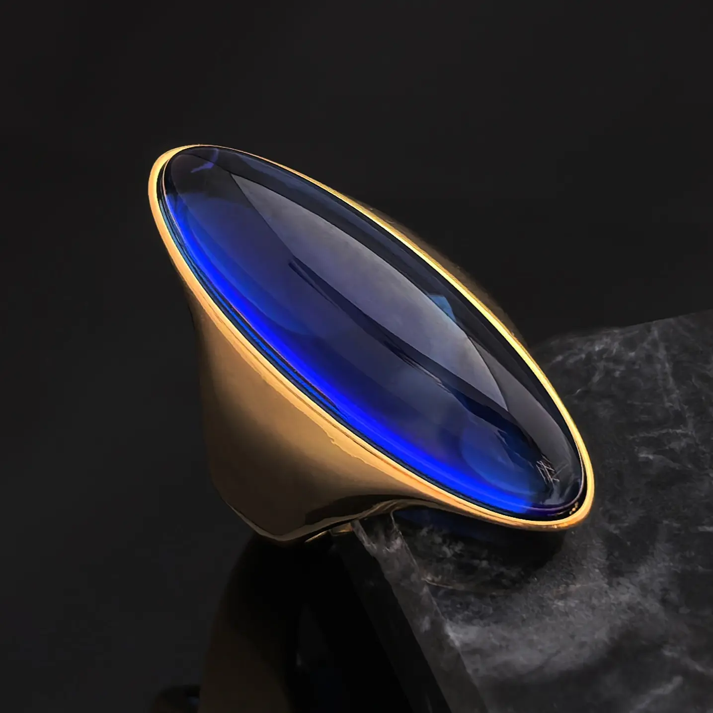 Women's Beautiful Gold-Tone Stainless Steel Ring with Dark Blue Olive-Shaped Enamel, Handmade Costume Jewelry, Gift for Her, Beautiful Rings