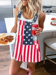 Independence Day Women Denim Dress 2024Fourth Of July Jeans Bib Overall Dress AmericanFlag Print Romper Casual Collar Womenswear long romper summerplaysuits