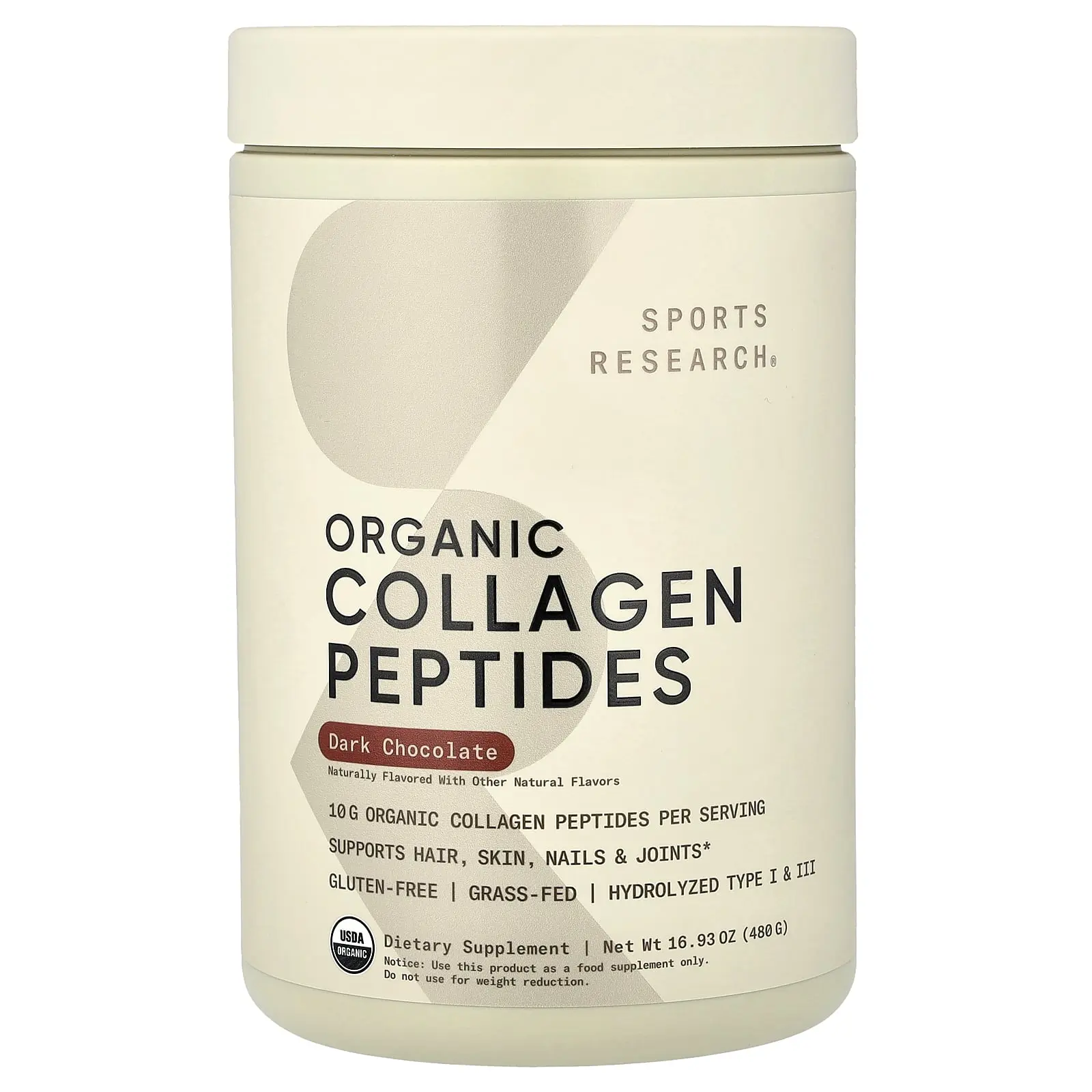 Sports Research Organic Collagen Peptides, Dark Chocolate, 16.93 oz (480 g)