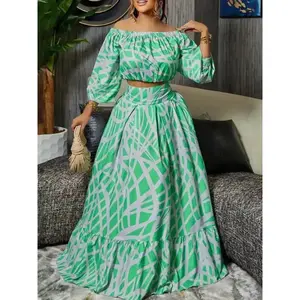 Summer–Autumn 2025 New Arrival: Women’s Fashion Two-Piece Set – Elegant and Sexy One-Shoulder Design, Waist-Exposed Silhouette, Fashionable Printed Pattern, 3/4 Sleeves, Lightweight Checked Suit