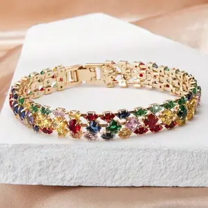 Multicolor Zircon Tennis Bracelet for Women, Double Row Rainbow Crystal Gold Tone Bracelet, Sparkling Statement Jewelry for Party and Wedding