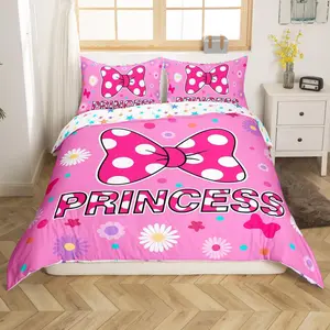 Pink Bowknot Kids Duvet Cover Set,Daisy Flowers Bow Tie Princess Cute Bedding Set,Girls Women Room Decor,Geometric Star Dot Patchwork Romantic Quilt Cover,(No Comforter)