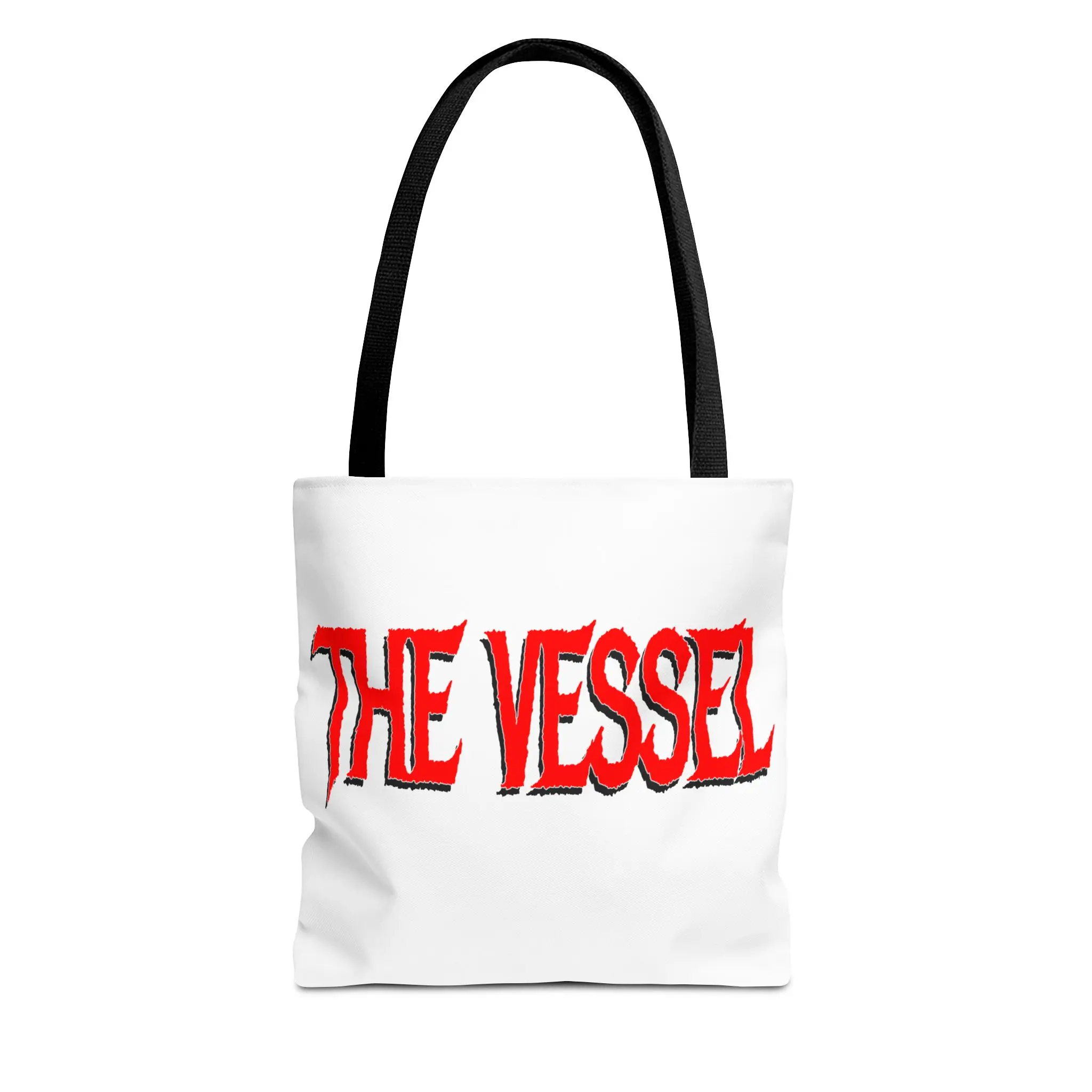 The Vessel Tote Bag — Bold Red Gothic Logo All-Over Print Tote