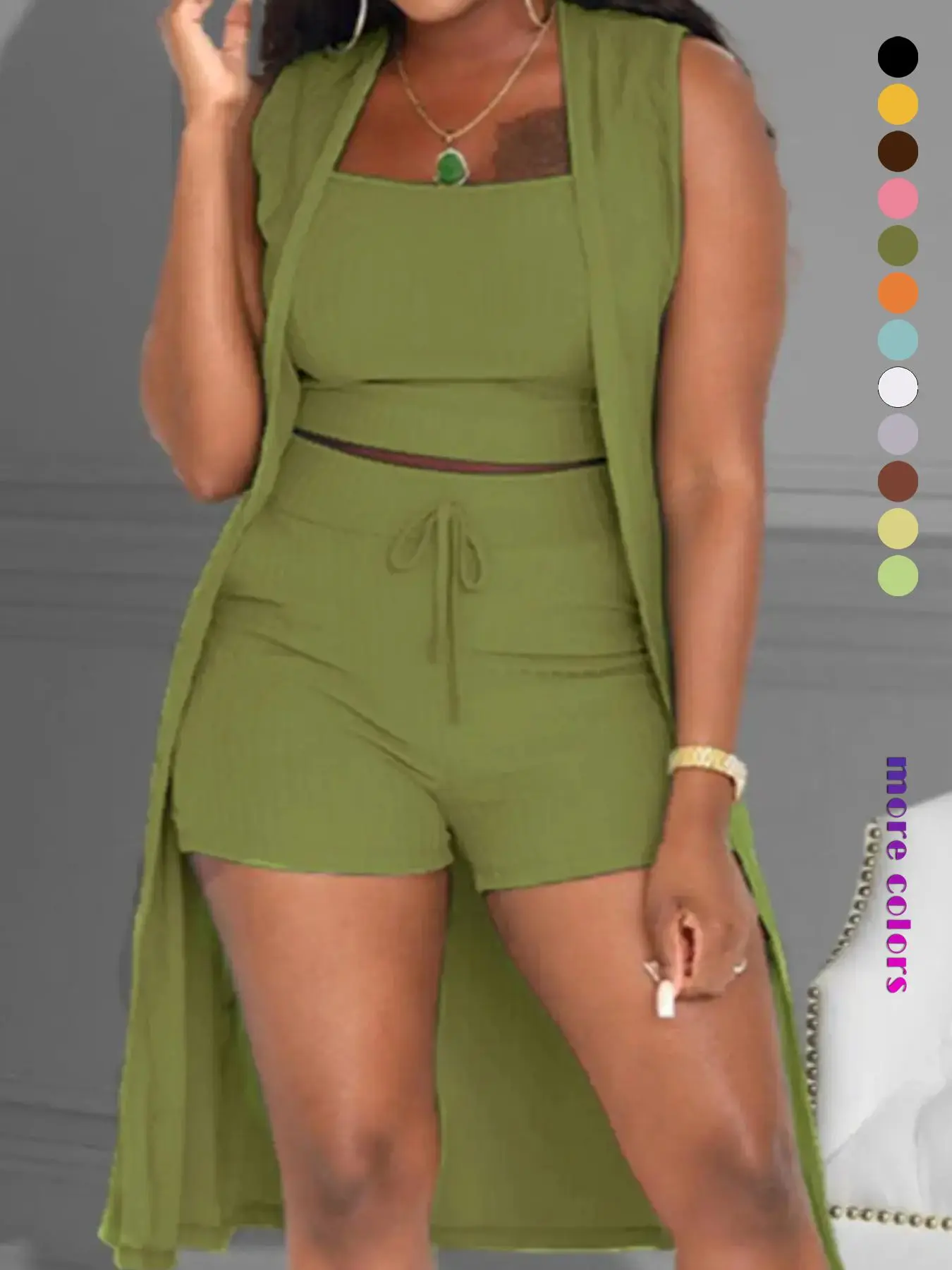 Three-Piece Set Women's Solid Ribbed Co-ord Set, Casual Crop Tank Top & Drawstring Waist Shorts & Vest Coat Set for Daily Wear, Summer Clothes, Women's Clothing