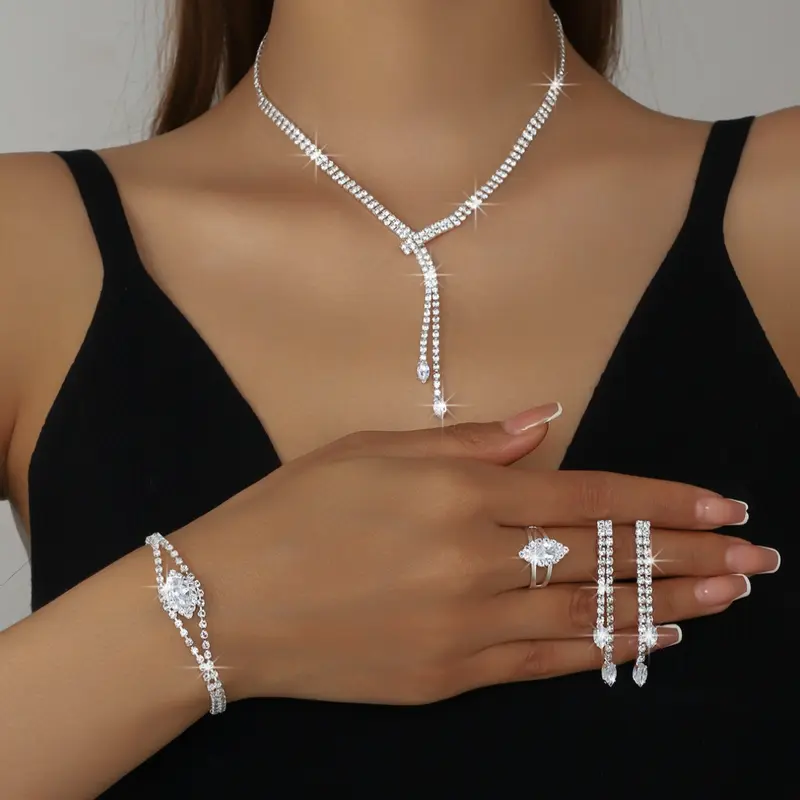 Elegant Rhinestone Jewelry Set, Necklace Bracelet Earrings Ring, Sparkling Crystal Design, Perfect for Parties & Daily Wear