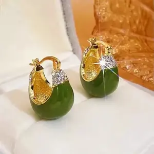 Green Enamel Hoop Earrings 14K Gold Plated Round Design, Chic Minimalist Fashion Jewelry Fruit Inspired Statement Earrings Crystal Accents DZEH1694
