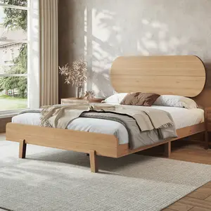 Full Size Bamboo Platform Bed with Round Shape Headboard and Little Footboard, Solid Bamboo-made Bed Frame with Support Slats, Full Bed Frame for Bedroom, Guest Rooms, Dorms, Natural