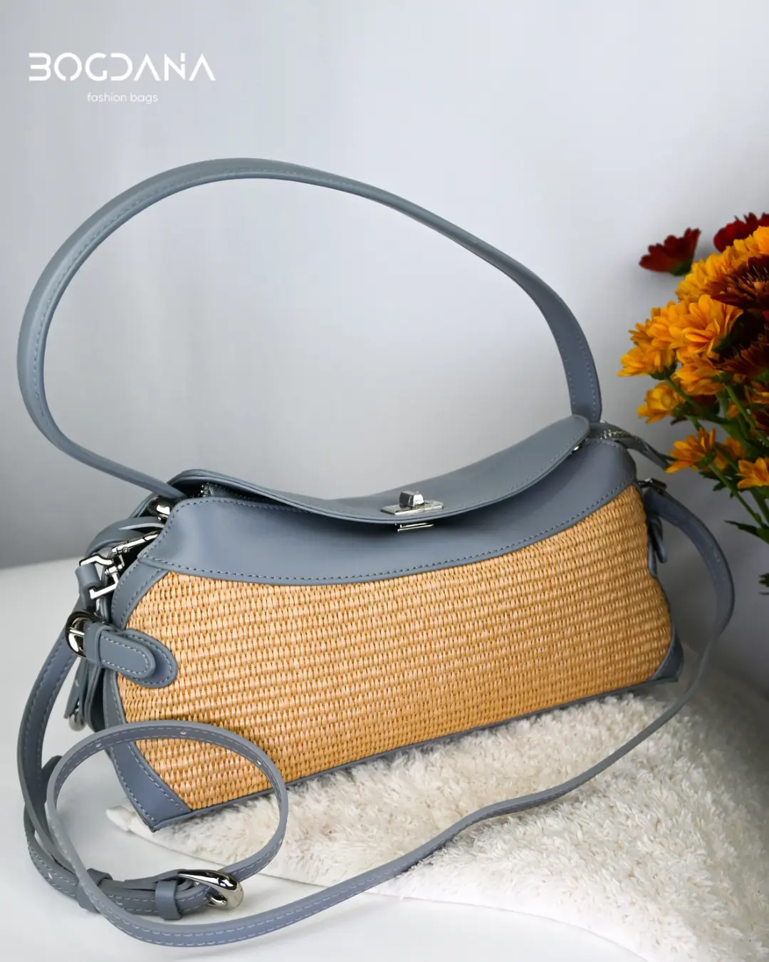 Solea Curve Calf Skin - The Must-Have Summer It-Bag in Genuine Leather with Woven Details & Structured Design in Olive Mist Latte Tan & Stone Grey