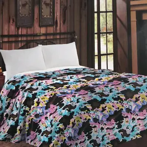 Queen Size Cosmic Cow Print Tie-Dye Blanket | Colorful Pastel Western Plush Throw