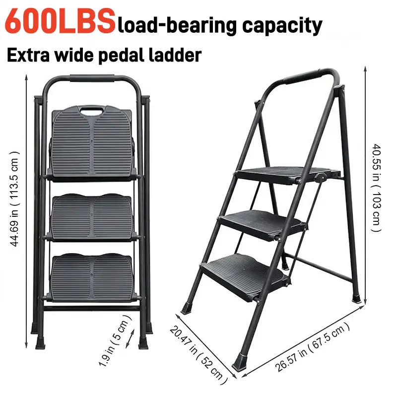 600 lbs Load-Bearing 3-Step Household Ladder, Extra Wide 13.39 inches Anti-Slip Pedals, Comfortable Stable Lightweight Foldable Widen Step Ladder for Home Improvement Indoor Outdoor Use