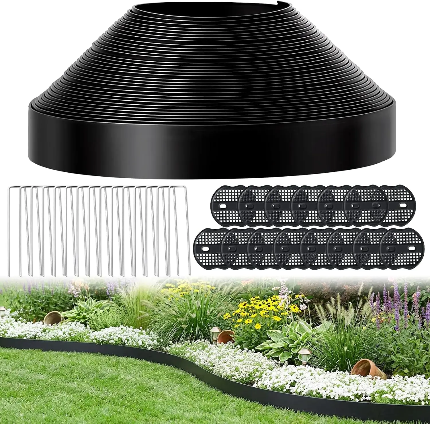 GOTGELIF No-Dig Landscape Edging Kit, 100FT x 1.5in Low-Profile Black Garden Border with 110 Metal Stakes & Locking Pads - Easy Flexible DIY Lawn Edging for Flower Beds & Courtyard