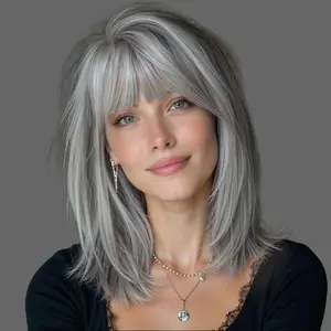 16-inch wig for middle-aged and elderly people |     Natural silver-grey hair color |     Breathable bangs with medium-length straight hair |     Designed specifically for square dance parties |     Comfortable and convenient to wear