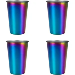 16 oz Rainbow Cups Set of 4, Stainless Steel Unbreakable Drinking Glasses for Indoor Outdoor Picnic, Stackable Durable Tumblers Water Jars and Dishwasher Safe