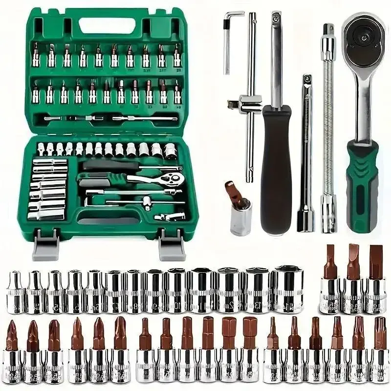 46/56pcs Portable 1/4-Inch Chrome Vanadium Mechanic Tool Kit Set - Metric Wrench, Ratchet Screwdriver, Universal Joint, Extension Bars, 13pcs Metric Sockets, 21pcs Bit Sockets, Bit+Socket Variety Toolbox for Homeowners Magnetic Ratchet Screwdriver Set