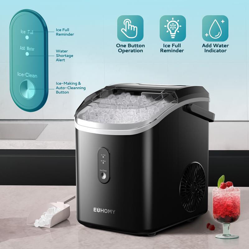 EUHOMY Nugget Ice Maker Countertop with Handle, Ready in 6 Mins, 33lbs/24H, Removable Top Cover, Auto-Cleaning, Portable Pebble Ice Maker with Basket and Scoop, for Home/Kitchen/Party/Camping