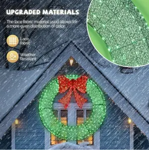 60in Pre-Lit Outdoor Christmas Wreath Decoration, LED Metal Holiday Decor For Home Exterior, Garden W  400 Lights, Bow - Green Red