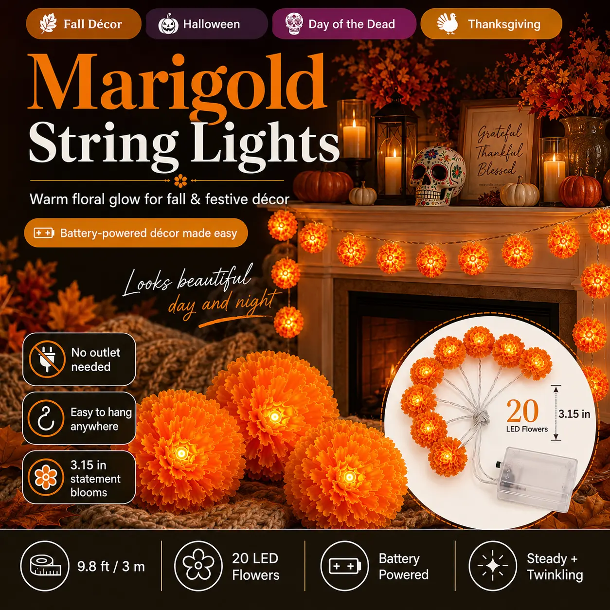 3m Mexican Marigold LED String Lights, 20 Flashing Orange Cempasuchil Style Garland, Battery-Powered for Day of the Dead Altar, Indoor Halloween Fall Decor, Indoor Halloween Decorations