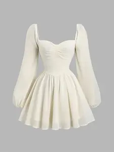 Autumn Sleeveless Dress Heart Neck Lantern Sleeves Ruched Bust Fitted Sweet Cute Romantic Aesthetic Date Plain Long Sleeve Square Neck Babydoll Dress Women