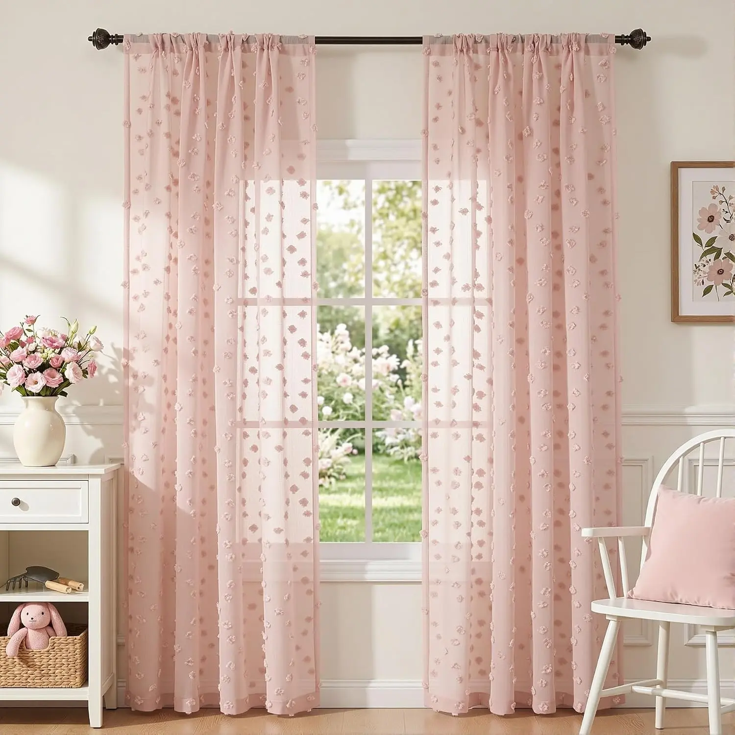 Pom Pom Pink Sheer Curtains for Bedroom Girls Room Dusty Rose Curtains 84 Inches Long for Nursery Kids Light Filtering Boho Window Drapes, Rod Pocket, 38" Wide, 2 Panels
