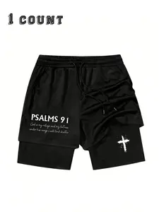 Teen Boys91 Cross Print Drawstring Waistband, Loose-Fitting Multifunctional Activewear Casual Shorts, Summer Street Style for Husband & Boyfriend