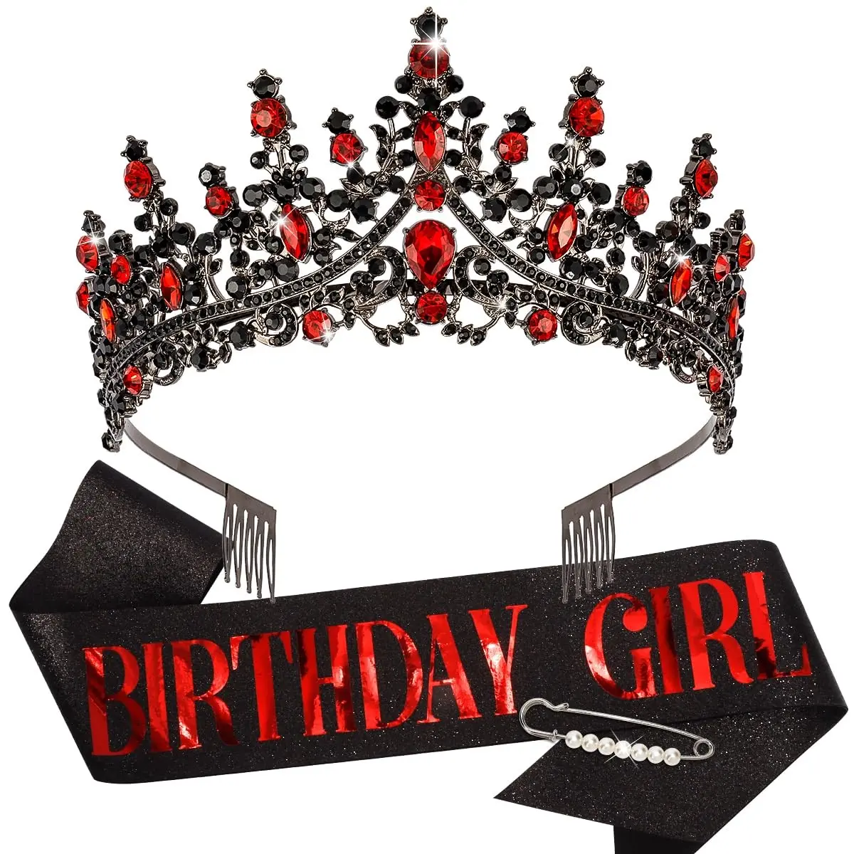 Red and Black Princess Birthday Sash and Tiara Set with Crown for Women and Girls, Party Decorations and Gifts(Gift)