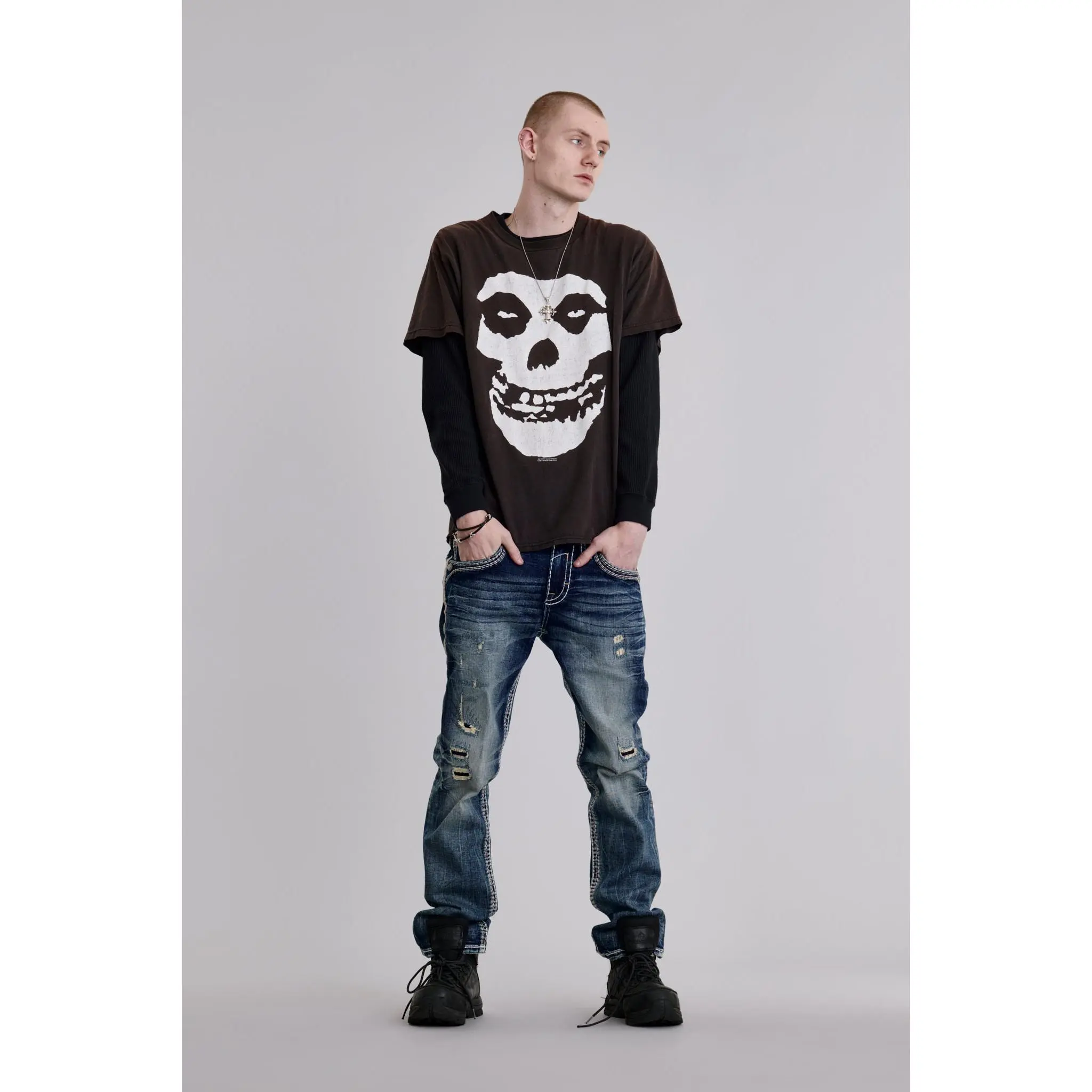 Rock Revival Kylan Straight Cut Jeans in Dark Wash Stretch Denim with Fleur-de-Lis Embroidery, Leather Patch & Pewter Rivets, Menswear, Pants, Clothes, Denim Look Jeans, Fabric Fit Jeans