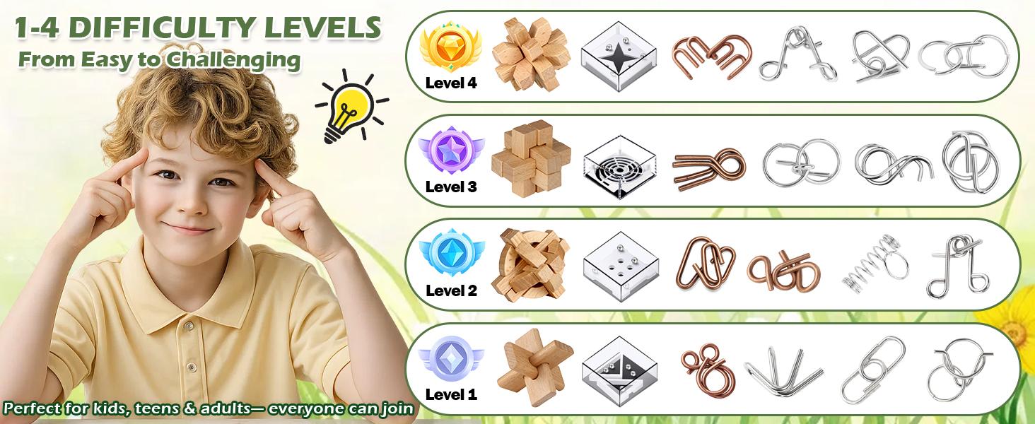 24 Pack Brain Teaser Puzzle Set, Metal & Wooden Puzzles with Balance Challenges, IQ Logic Games and Mind Teaser Toys Party Favors Return Gifts for Kids Teens and Adults