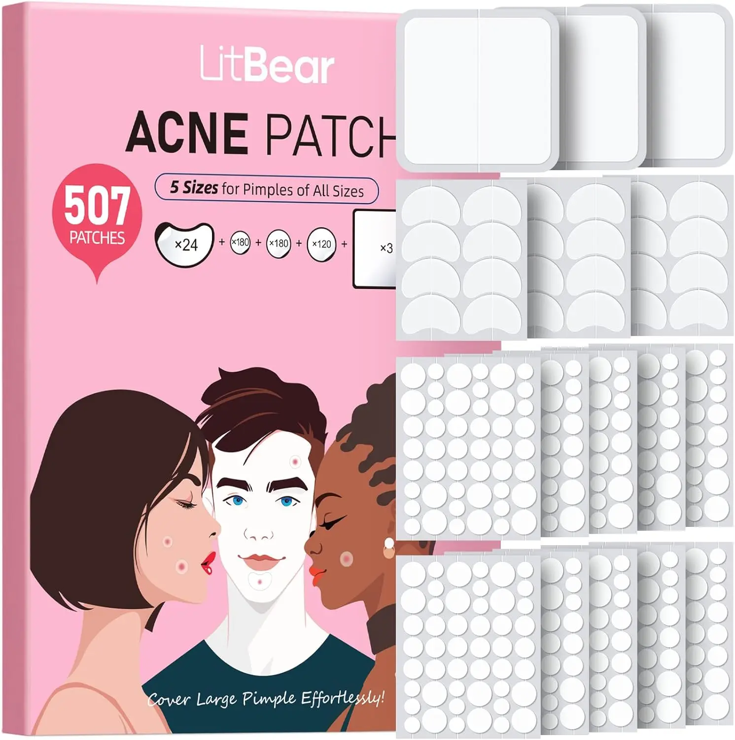 LitBear Pimple Patches, 507 Patches 5 Sizes Large Pimple Patch, Largepatch Hydrocolloid Bandages, Zit Stickers for Forehead, Nose, Body, Back, and Chest Zitsticker Pack, Mothers Day Gift,