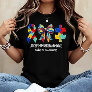 Autism Awareness Ribbon Puzzle Bow Print T Shirt White Crew Neck Casual Tee For Autism Support And Awareness