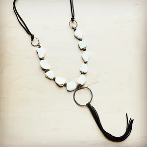 White Turquoise Chunky Necklace with Leather Tassel 225K