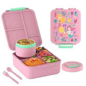 Children Lunch Box Bento Lunch Box with 8oz Soup Thermo, Lunch Food Containers with 4 Compartment, Insulated Hot Food Jar for School Travel, Gift, Kitchen Accessories