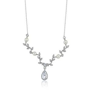 925 Sterling Silver Spring Rose Diamond Pearl Necklace for Women & Girls, Fashion Jewelry