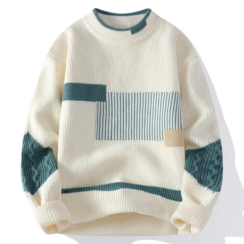 Men's Asian Streetwear Patchwork Knit Mock Neck Pullover - Warm Full-Sleeve Top for Autumn Outdoor Sports & Outdoor Clothing, Menswear