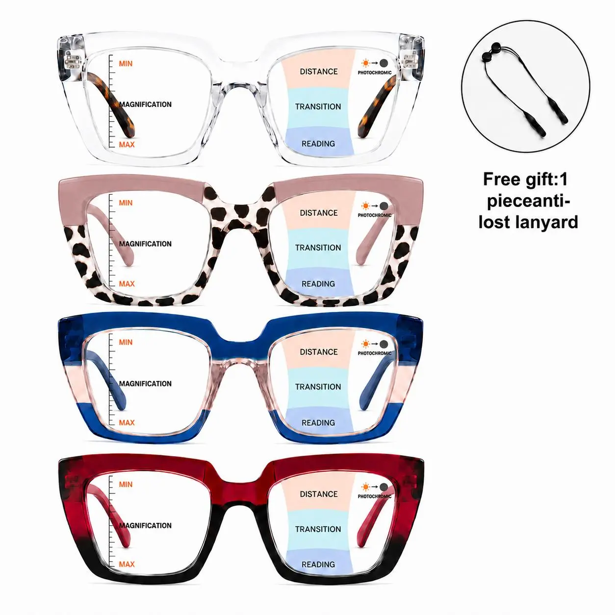 ViewSelect Progressive Multifocal Photochromic Reading Glasses, 3-in-1 Far Mid Near Vision Readers for Women Men, Fashion Square Frame, Free Anti-Lost Lanyard Included