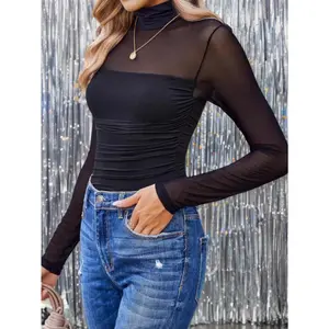 Women's Elegant Semi-Sheer Mesh Splicing Half High Neck Top - High Quality Lace Stretch Round Neck Blouse, Machine Washable Summer Elegant Long Sleeve Shirt