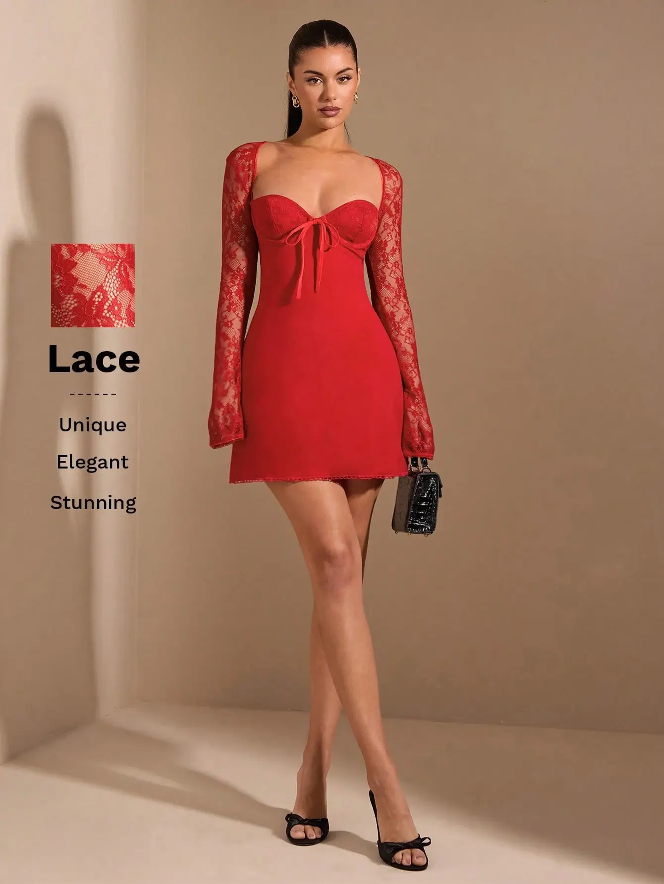 PMA Long Sleeve Lace Color-Block Crew Neck Dress Date Night Going Out Party Autumn Fashion Casual Womens