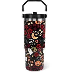30oz Stainless Steel Halloween Tumbler - Vacuum Insulated Thermal Large-Handled Coffee Cup, Leak-Proof, with Lid & Straw, Skull Ghost Pumpkin Flower Designs, Portable Reusable Goth Kitchenware Drinkware for Women, Birthday Gift, Insulation