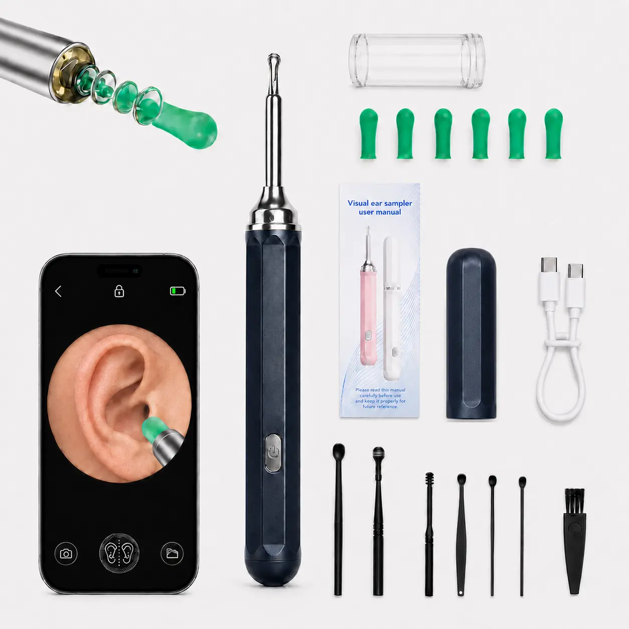 Visual Ear Wax Removal Tool with Camera View, Compact Cleaner with Hotspot Link, 5MP Lens, 6 LED Lights, 6 Replaceable Silicone Tips, Protective Cap, 7-Piece Spoon Set for iOS & Android, Hygiene Kit, Ear Wax Removals， earwax remover