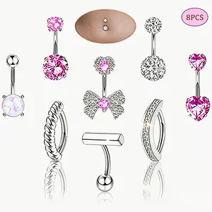 8PCS Belly Button Ring,Stainless Steel CZ Belly Rings 14G 1.6MM Belly Piercing Jewelry Cute Floating Navel Belly Piercing for Women Men