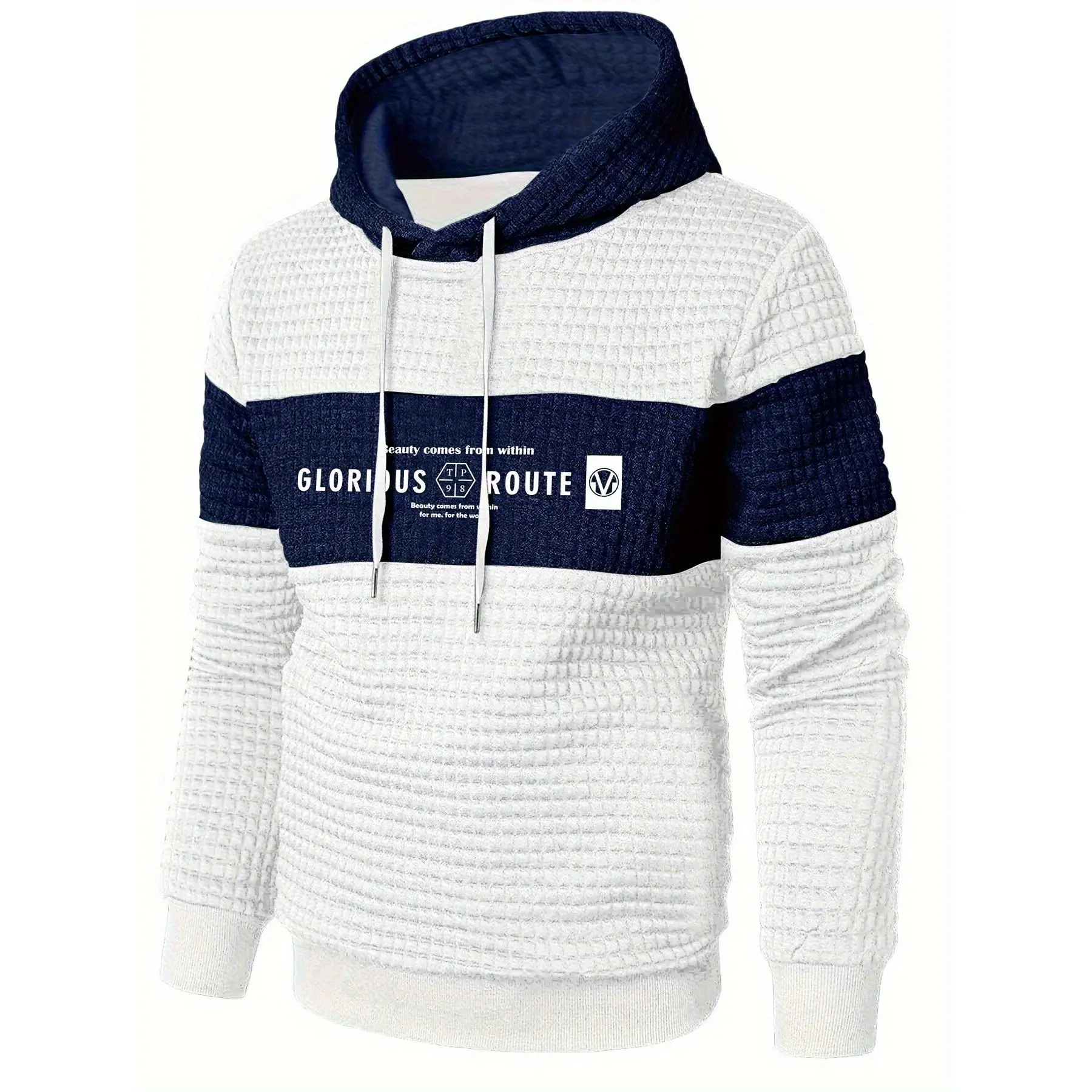Men's casual sportswear hoodie, 95% polyester, 5% spandex, long sleeves, regular style, knitted fabric, slight elasticity, letter print, patchwork details, 220g/square meter - the glorious journey of route design