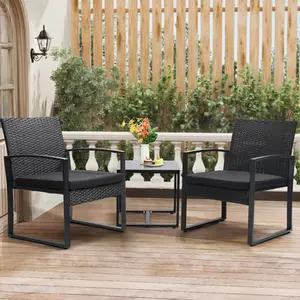 3pc Outdoor Furniture Set, 2 Waterproof Chairs and 1 Table Bistro Furniture Set, Clearance, Wicker Rattan Conversation Set, Thick Cushions with Safety Glass Table Top Black Cushion
