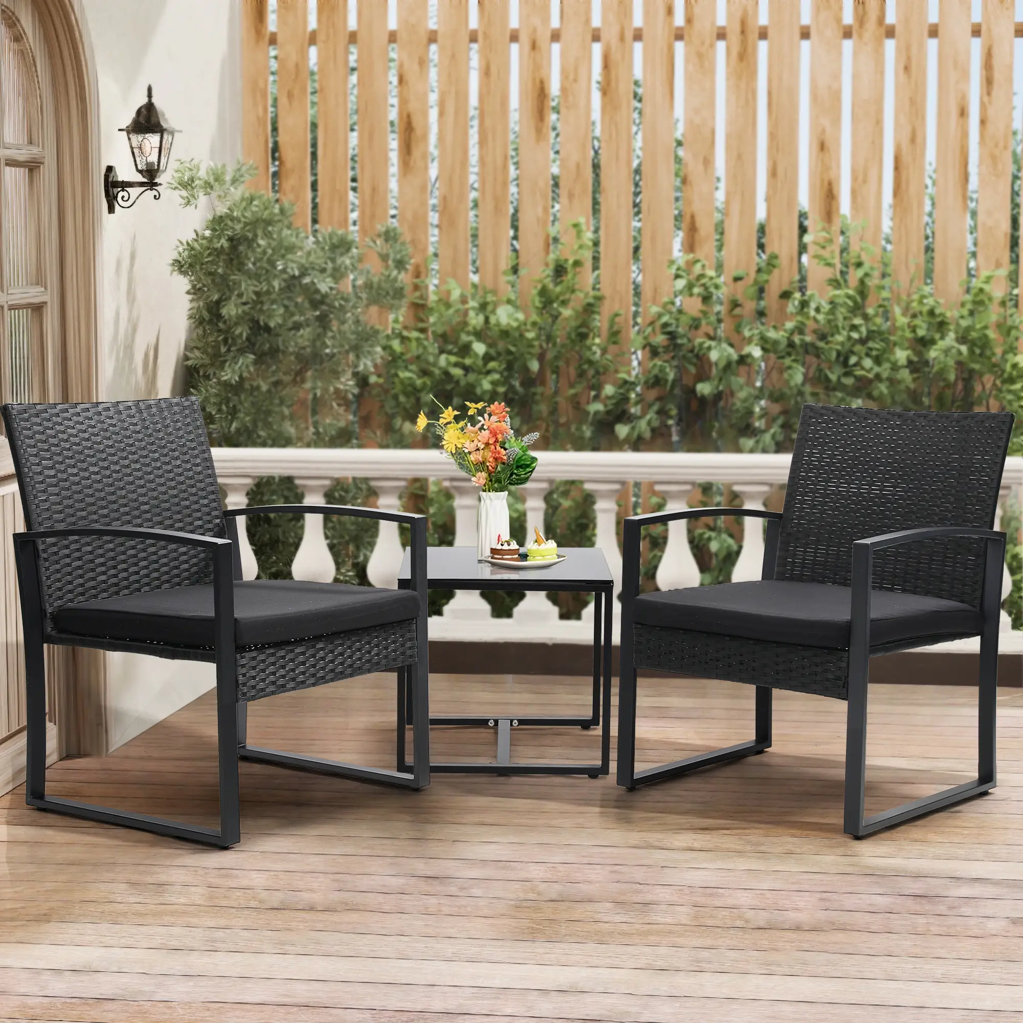 3pc Outdoor Furniture Set, 2 Waterproof Chairs and 1 Table Bistro Furniture Set, Clearance, Wicker Rattan Conversation Set, Thick Cushions with Safety