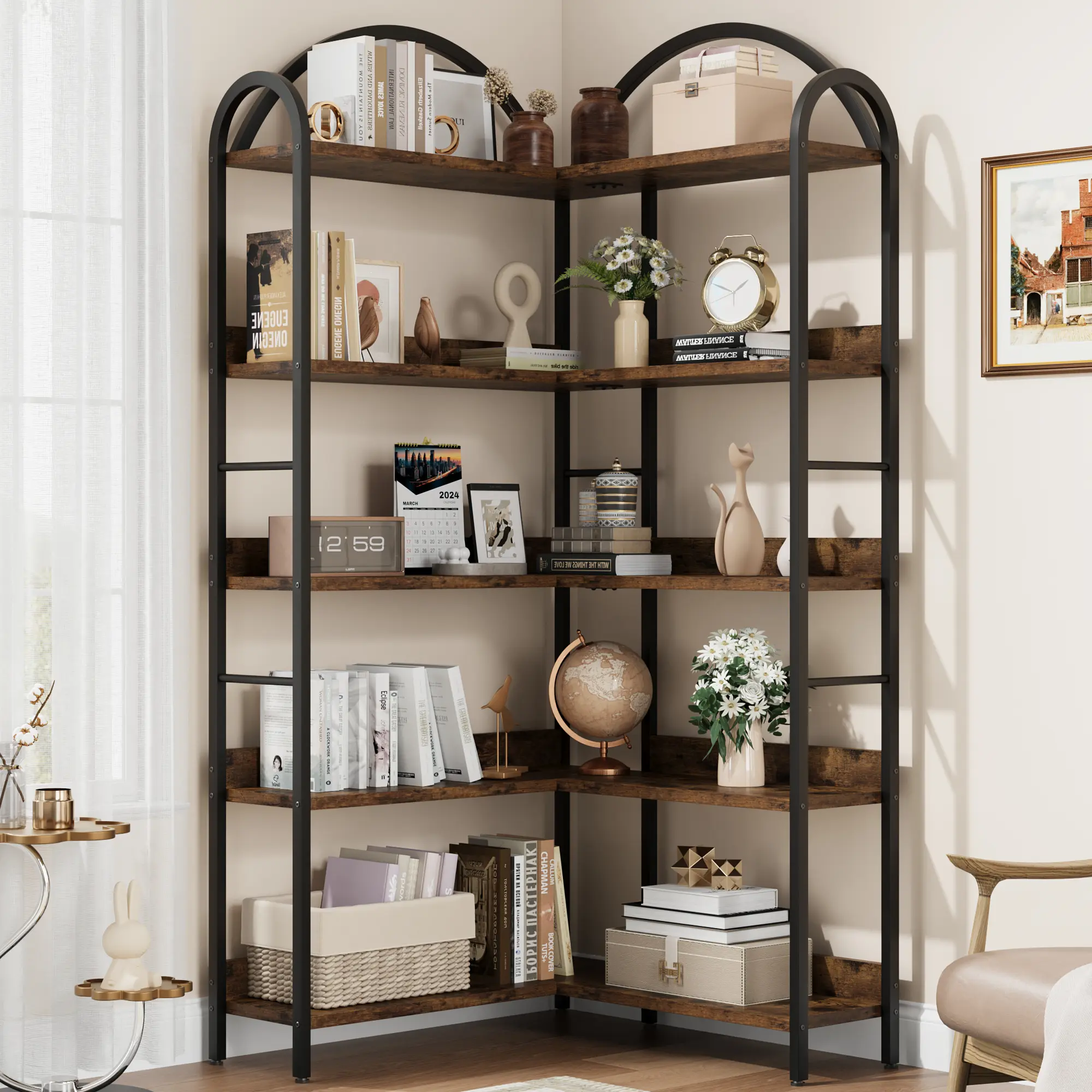 OUTGOODS 5-Tier L-Shaped Corner Storage Rack - 68" Open-Shelf Metal Frame Unit, Industrial Style Open Shelving Vertical Storage Living Room Furniture, Ideal for Home Office, Industrial Style Living Room Furniture, Open Shelving Living Room Furniture