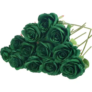 12 Pack Green Artificial Roses Emerald Green Flowers with Stems Silk Roses Fake Flowers Bouquet for St Patricks Day Decoration Wedding Centerpiece Table Vase Home Kitchen DIY Decor