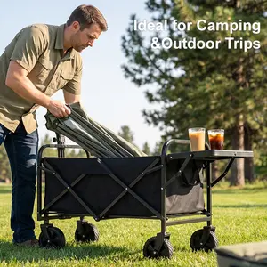 Foldable Camping Wagon Big Wheel Outdoor Trolley Shopping Cart Trolly Carts Storage Beach Collapsible with Table