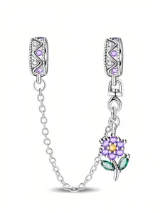 Flower Safety Chain Charm, Leaf & Wavy Zigzag Detail, Botanical Floral Jewelry for Pandora Bracelet, Elegant Accessory